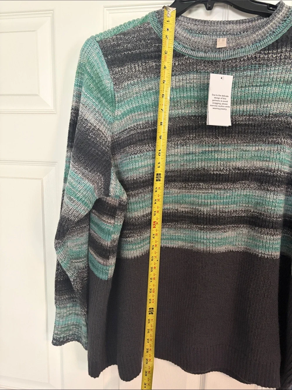 LOGO by Lori Goldstein Striped Crewneck Sweater in Teal and Gray
